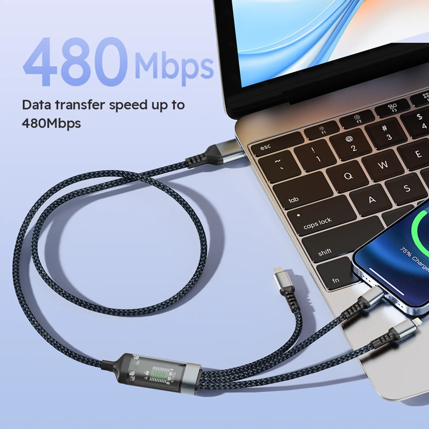 4FT 100W 3-In-1 USB Charger Cord Phone Charging Cable Fast Charging Data Cable 2PCS Black