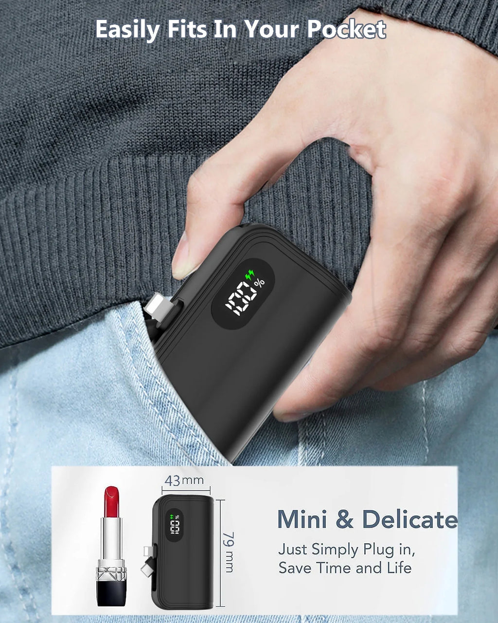 Mini Portable Charger 6000Mah Power Bank,Usb C Cell Phone Portable Power, LED Display Battery Pack Compatible with Iphone 16/15/15 Plus/15 Pro/15 Pro Max/Android/Samsung/Moto/Lg Etc (Black)