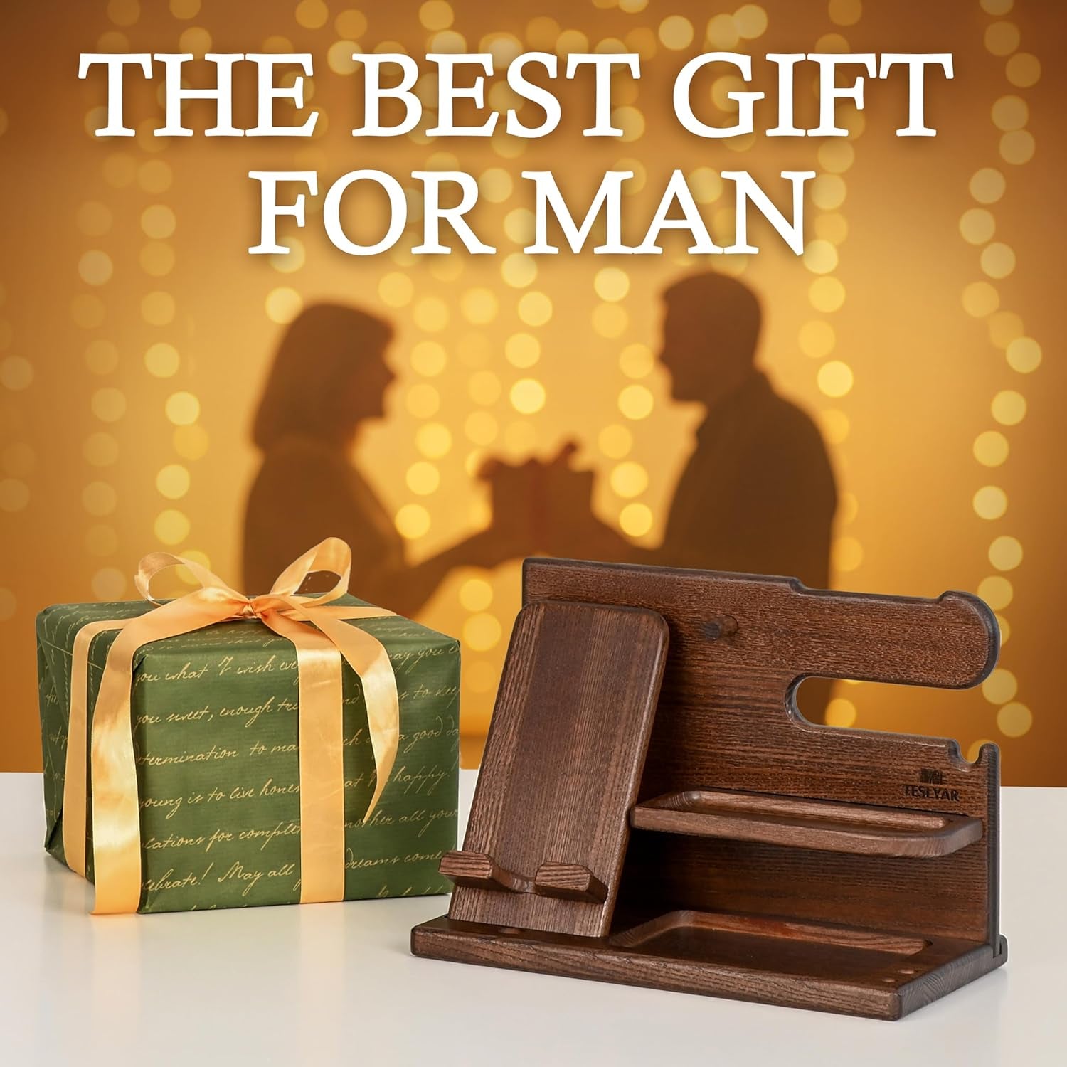 Wood Phone Docking Station Desk Organizer, Nightstand Key & Wallet Stand, Gifts for Men – Birthday, Anniversary, Christmas, Fathers Day (Brown)