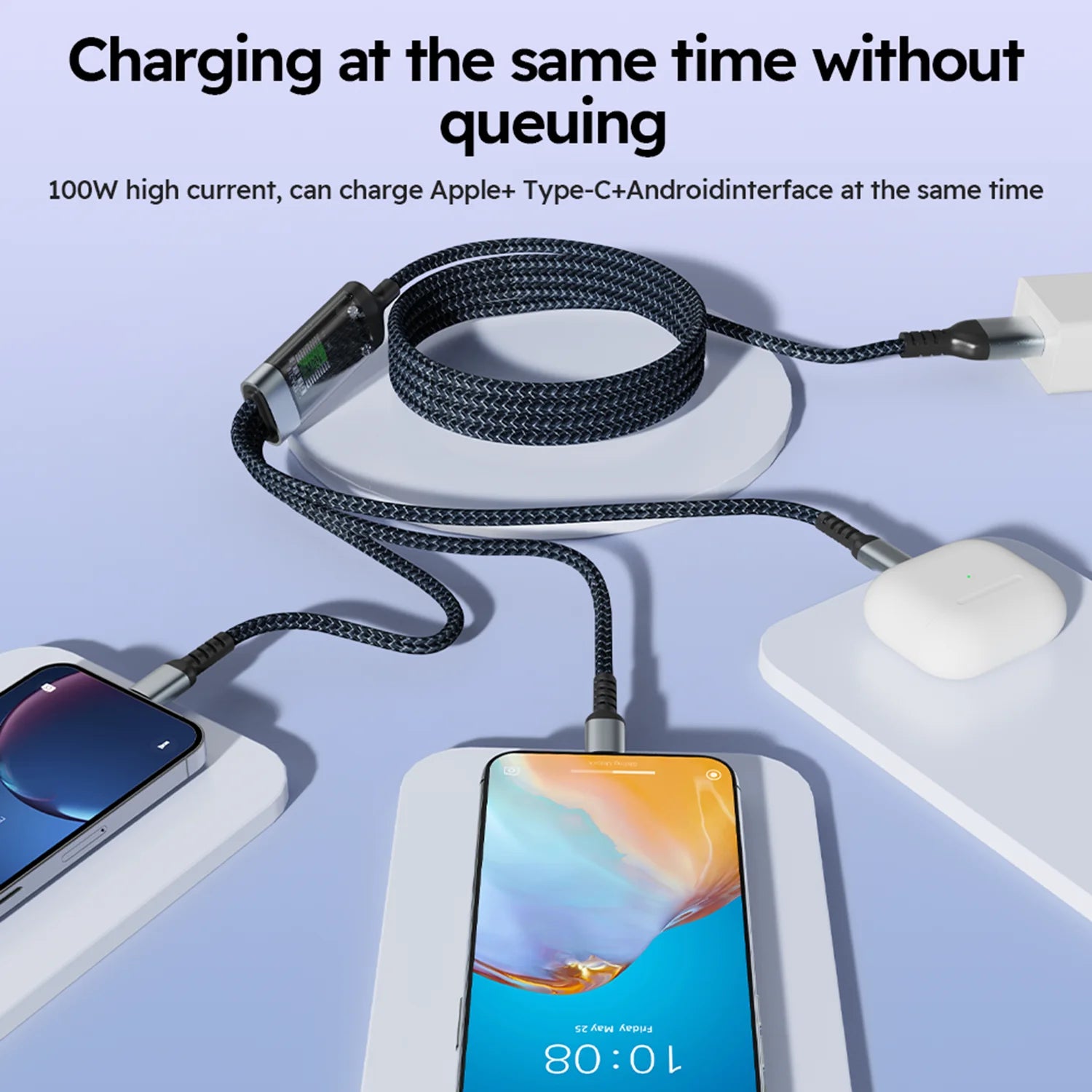4FT 100W 3-In-1 USB Charger Cord Phone Charging Cable Fast Charging Data Cable 2PCS Black