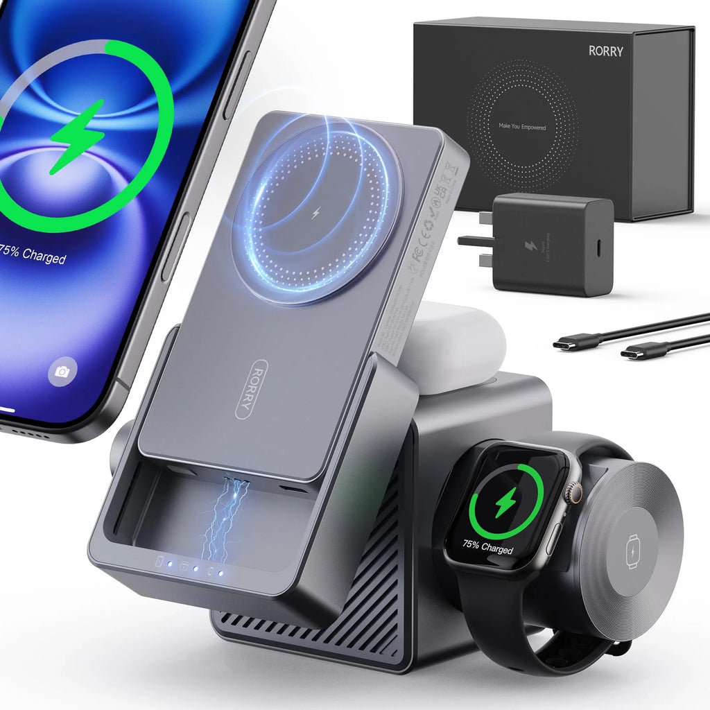4 in 1 Wireless Charging Station Cube with 10000Mah Power Bank, 15W Fast Charger Stand Compatible with Iphone 16/15/14 & Apple Watch & Airpods (45W USB C Charger Adapter Included)