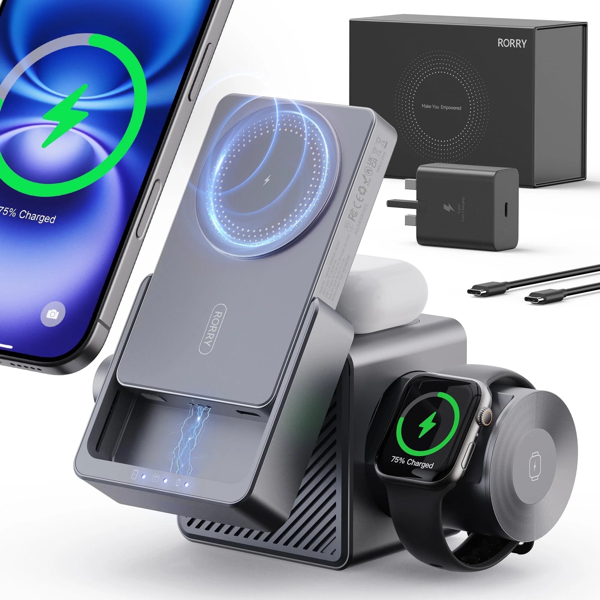 4 in 1 Wireless Charging Station Cube with 10000Mah Power Bank, 15W Fast Charger Stand Compatible with Iphone 16/15/14 & Apple Watch & Airpods (45W USB C Charger Adapter Included)