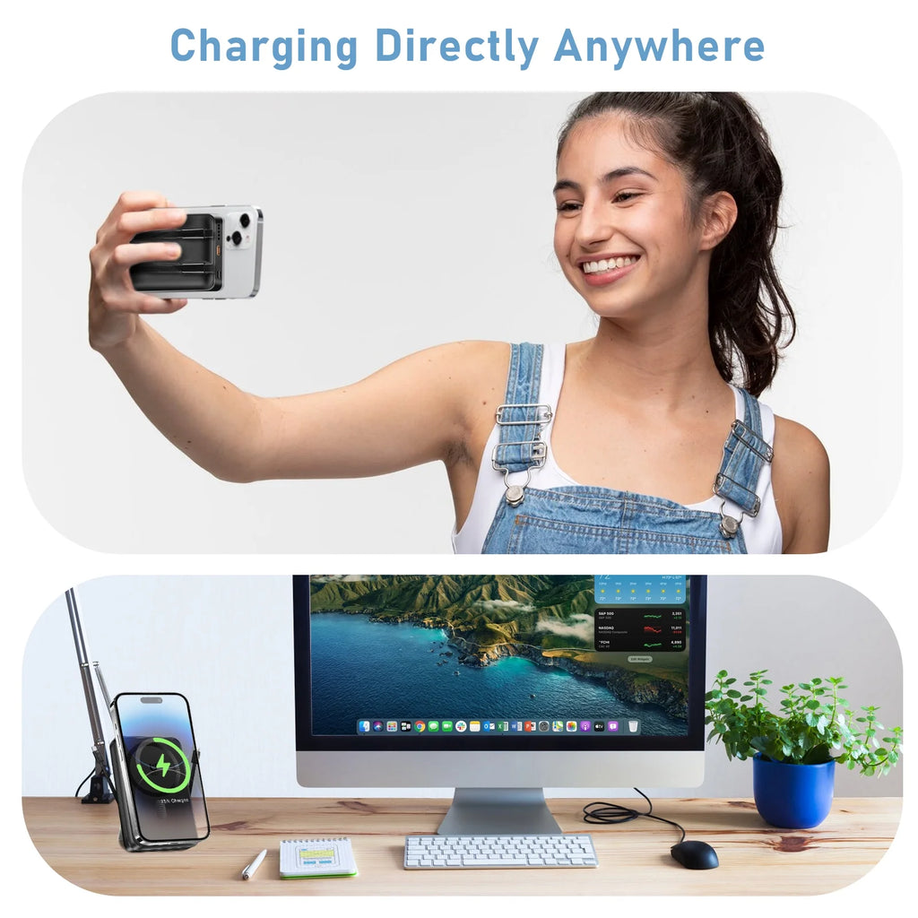 Magnetic Portable Charger, 10000Mah Magsafe Power Bank with Built in USB-C & Lighting Cable, Foldable Stand 22.5W Fast Charging Battery Pack for Iphone 16/15/14/13/12 Series, Black