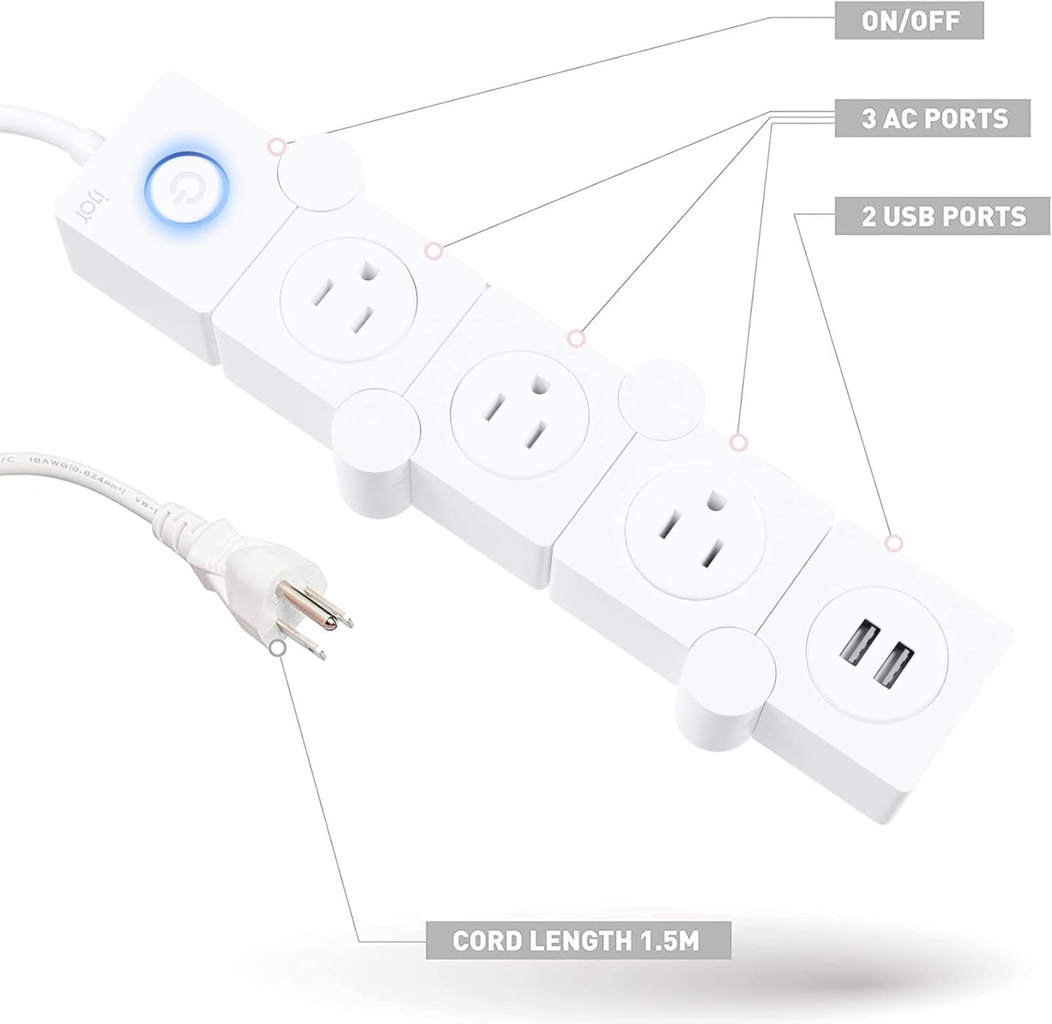 Flexible Power Strip - 3 AC Outlets and 2 USB Charging Ports with 5 Ft Extension Cord, Power Strip Surge Protector White, Decorative Surge Protector Outlet Extender for Home, Office, and More