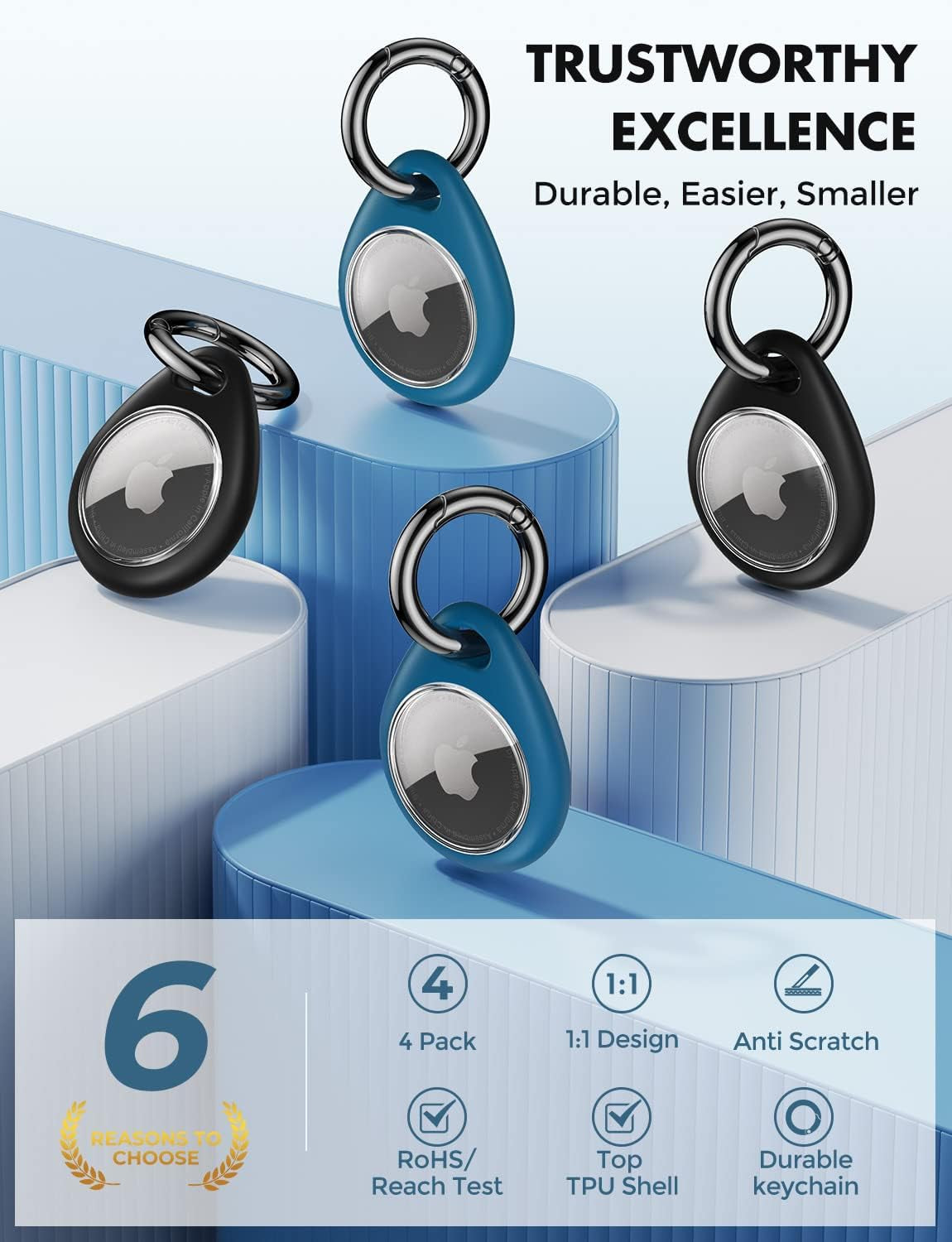 360° Protective Case for Airtag, [4-Pack] Airtags Keyring Holder, Scratch-Resistant, Lock Design, Keychain for Airtag, TPU Full Cover Case for Key, Bag, Luggage, Pet Collar (Black&Blue)