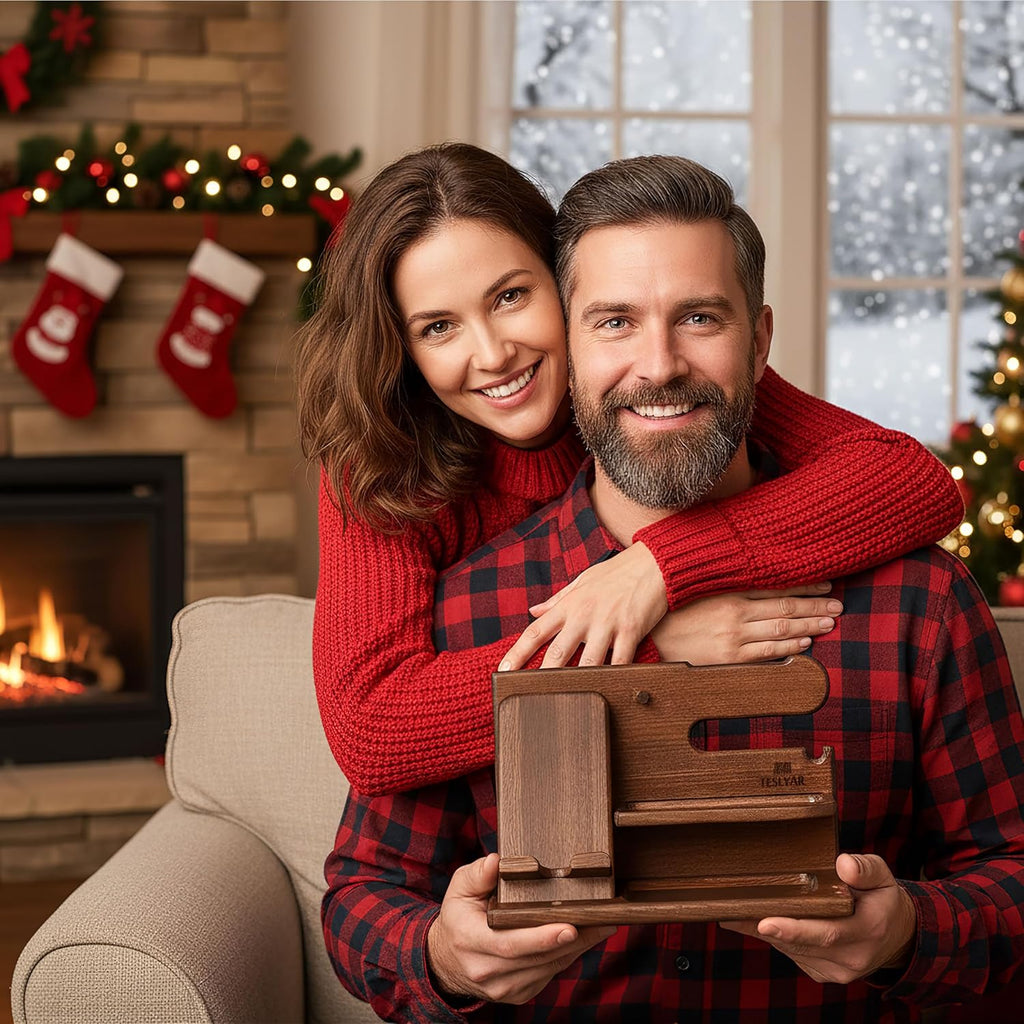 Wood Phone Docking Station Desk Organizer, Nightstand Key & Wallet Stand, Gifts for Men – Birthday, Anniversary, Christmas, Fathers Day (Brown)