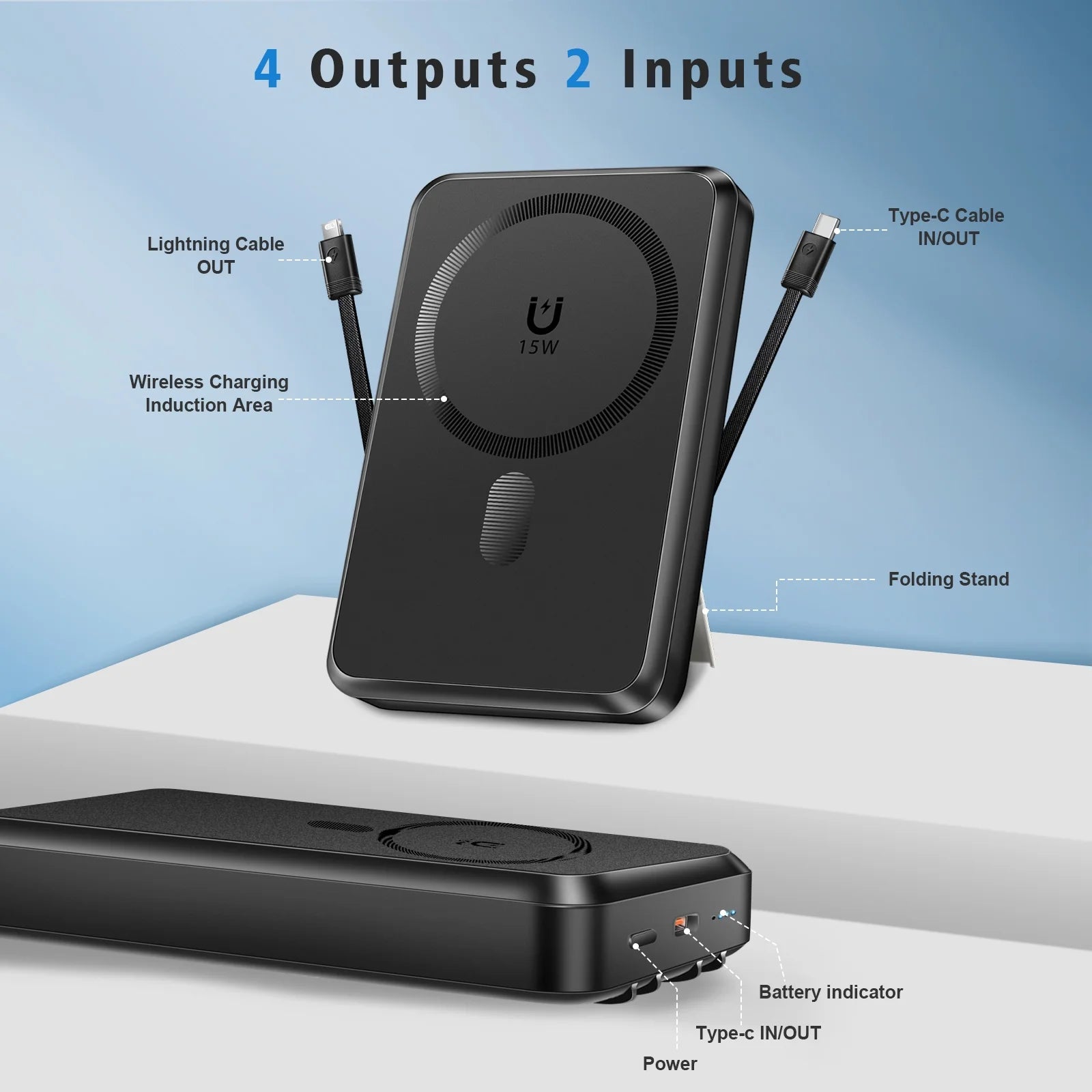 Magnetic Portable Charger, 10000Mah Magsafe Power Bank with Built in USB-C & Lighting Cable, Foldable Stand 22.5W Fast Charging Battery Pack for Iphone 16/15/14/13/12 Series, Black