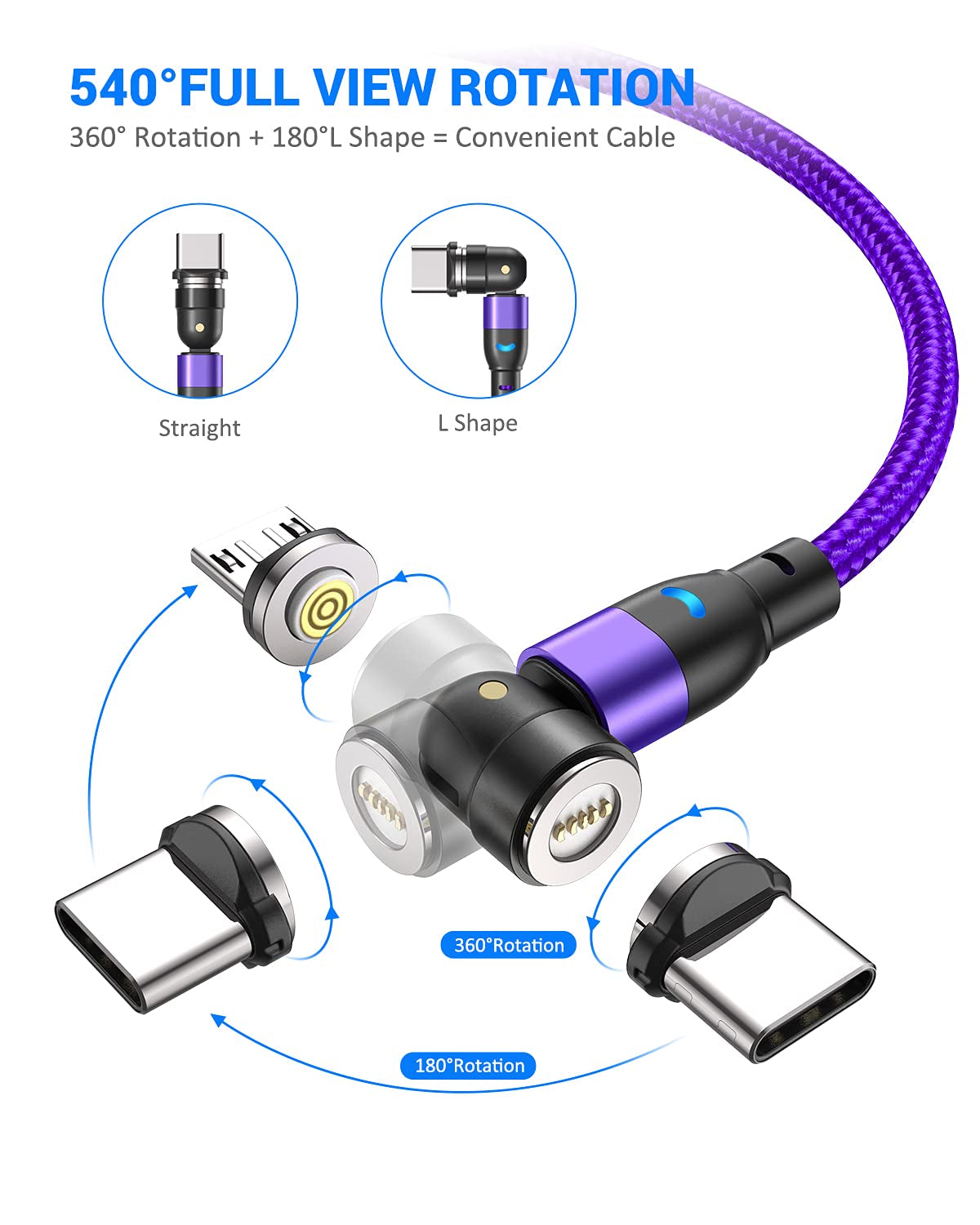 Fast Charging Magnetic USB C Cable (Purple, 1.6Ft+3.3Ft+3.3Ft+6.6Ft), Type C Magnetic Charger for Micro USB and Type C Smartphone