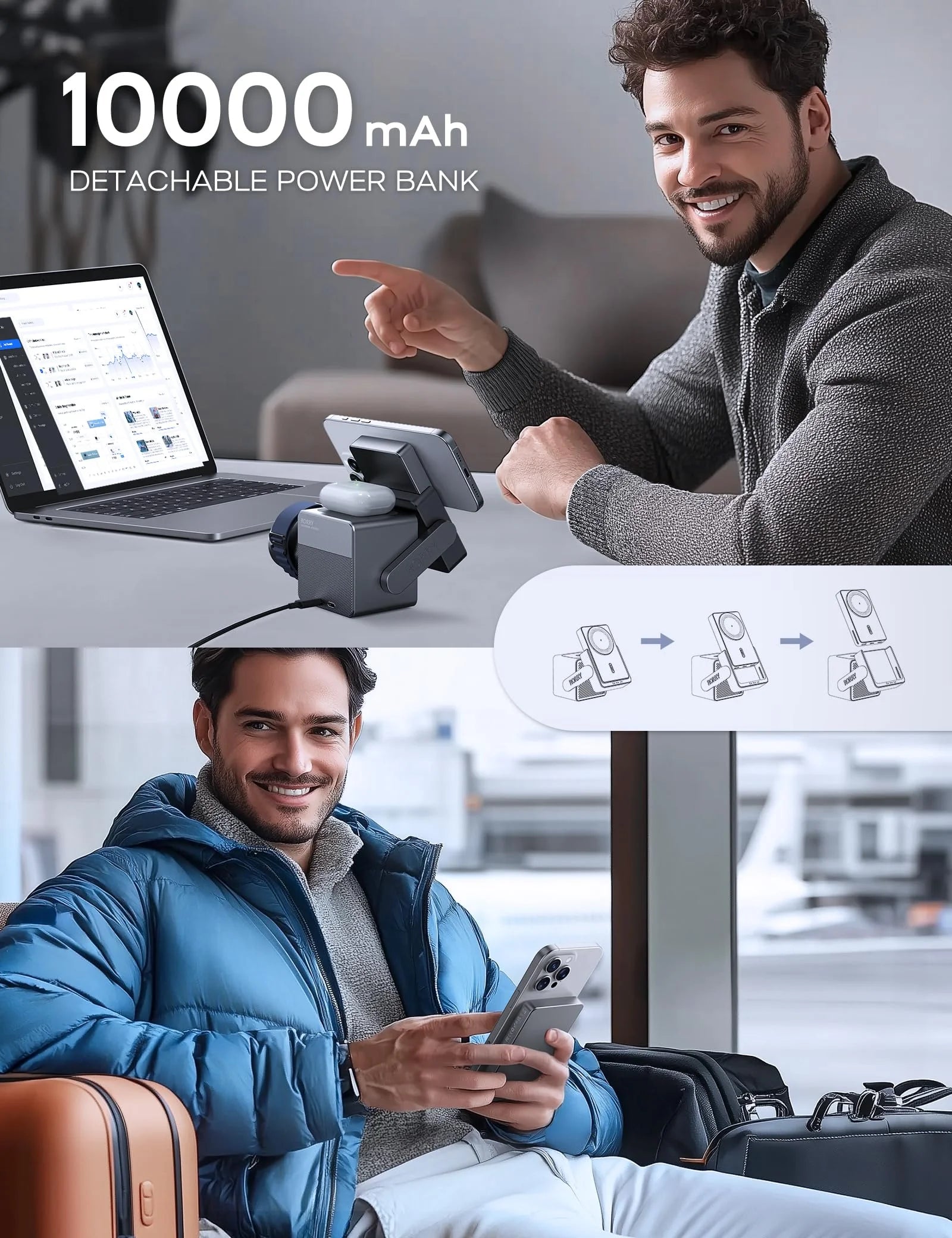 4 in 1 Wireless Charging Station Cube with 10000Mah Power Bank, 15W Fast Charger Stand Compatible with Iphone 16/15/14 & Apple Watch & Airpods (45W USB C Charger Adapter Included)