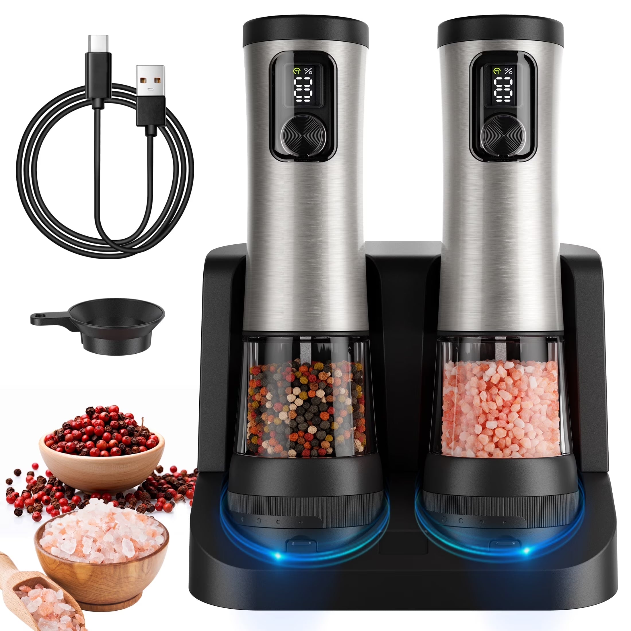 Electric Salt and Pepper Grinder Set , Automatic Rechargeable Salt and Pepper Shaker with LED Battery Display & USB‑C Charging Base, Pepper Mill for Kitchen, Dining & Camping