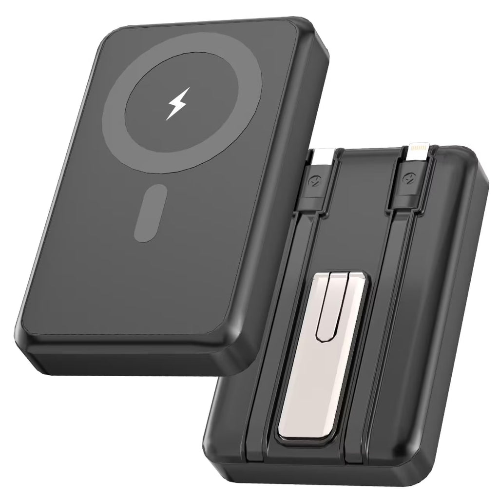 Magnetic Portable Charger, 10000Mah Magsafe Power Bank with Built in USB-C & Lighting Cable, Foldable Stand 22.5W Fast Charging Battery Pack for Iphone 16/15/14/13/12 Series, Black