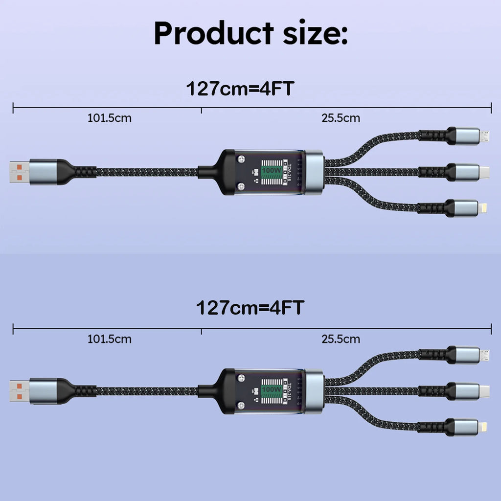 4FT 100W 3-In-1 USB Charger Cord Phone Charging Cable Fast Charging Data Cable 2PCS Black