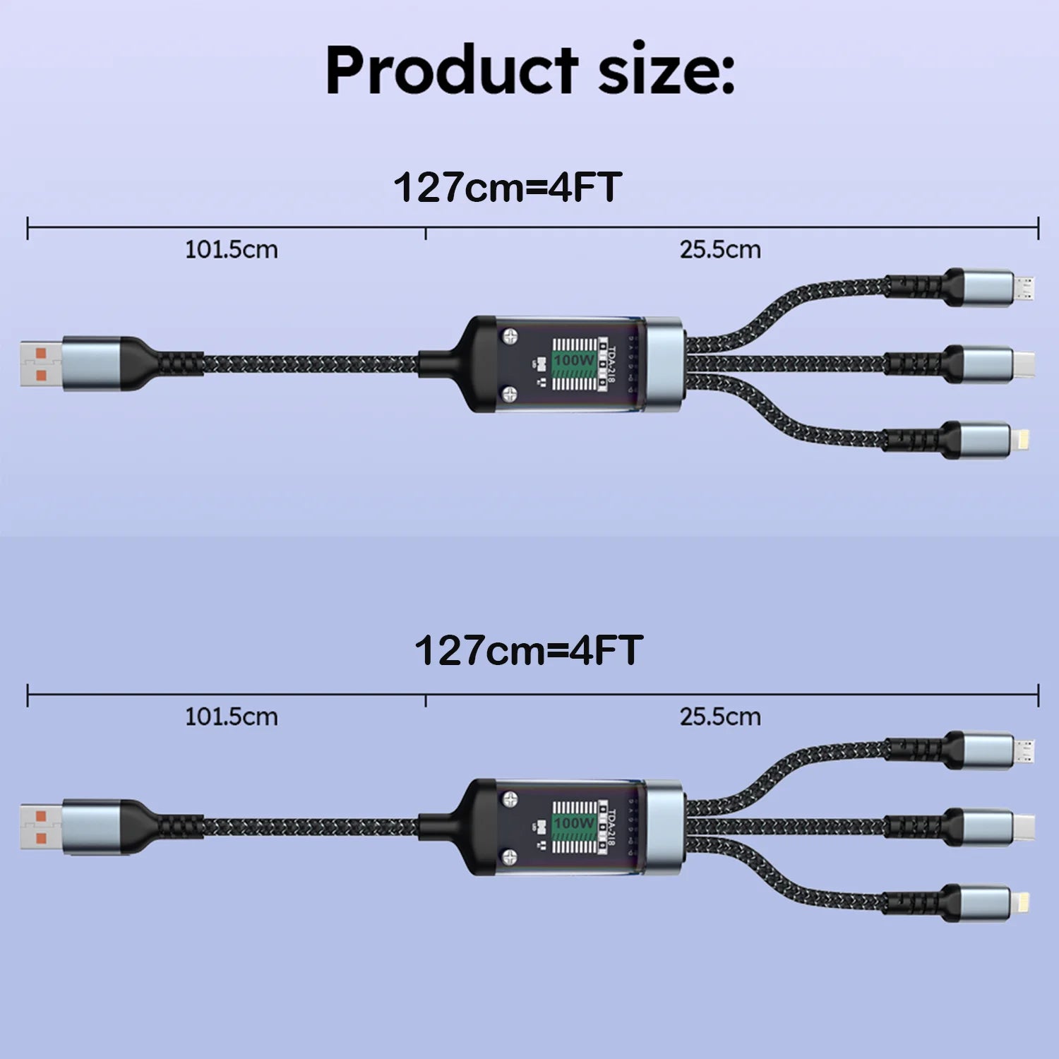 4FT 100W 3-In-1 USB Charger Cord Phone Charging Cable Fast Charging Data Cable 2PCS Black