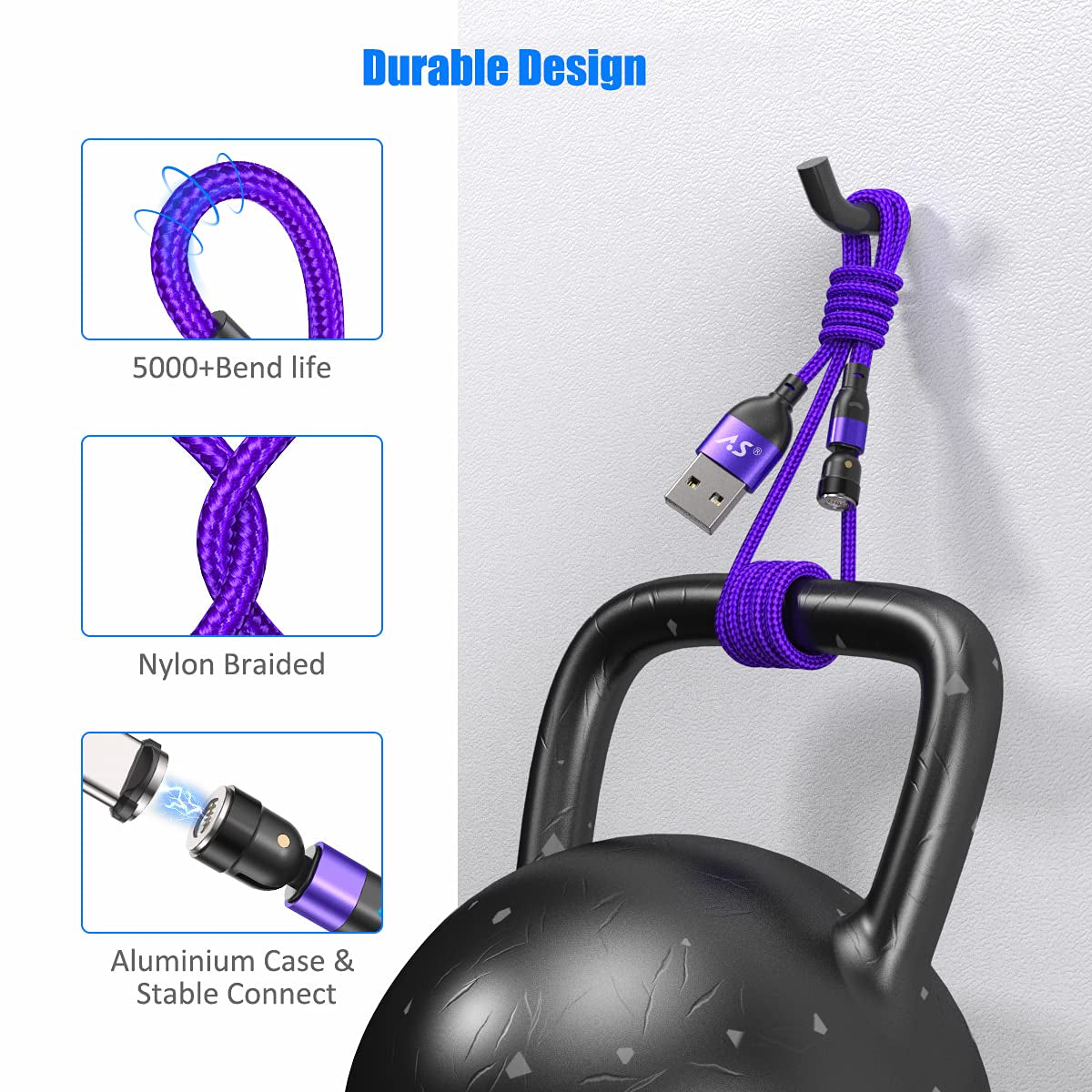 Fast Charging Magnetic USB C Cable (Purple, 1.6Ft+3.3Ft+3.3Ft+6.6Ft), Type C Magnetic Charger for Micro USB and Type C Smartphone