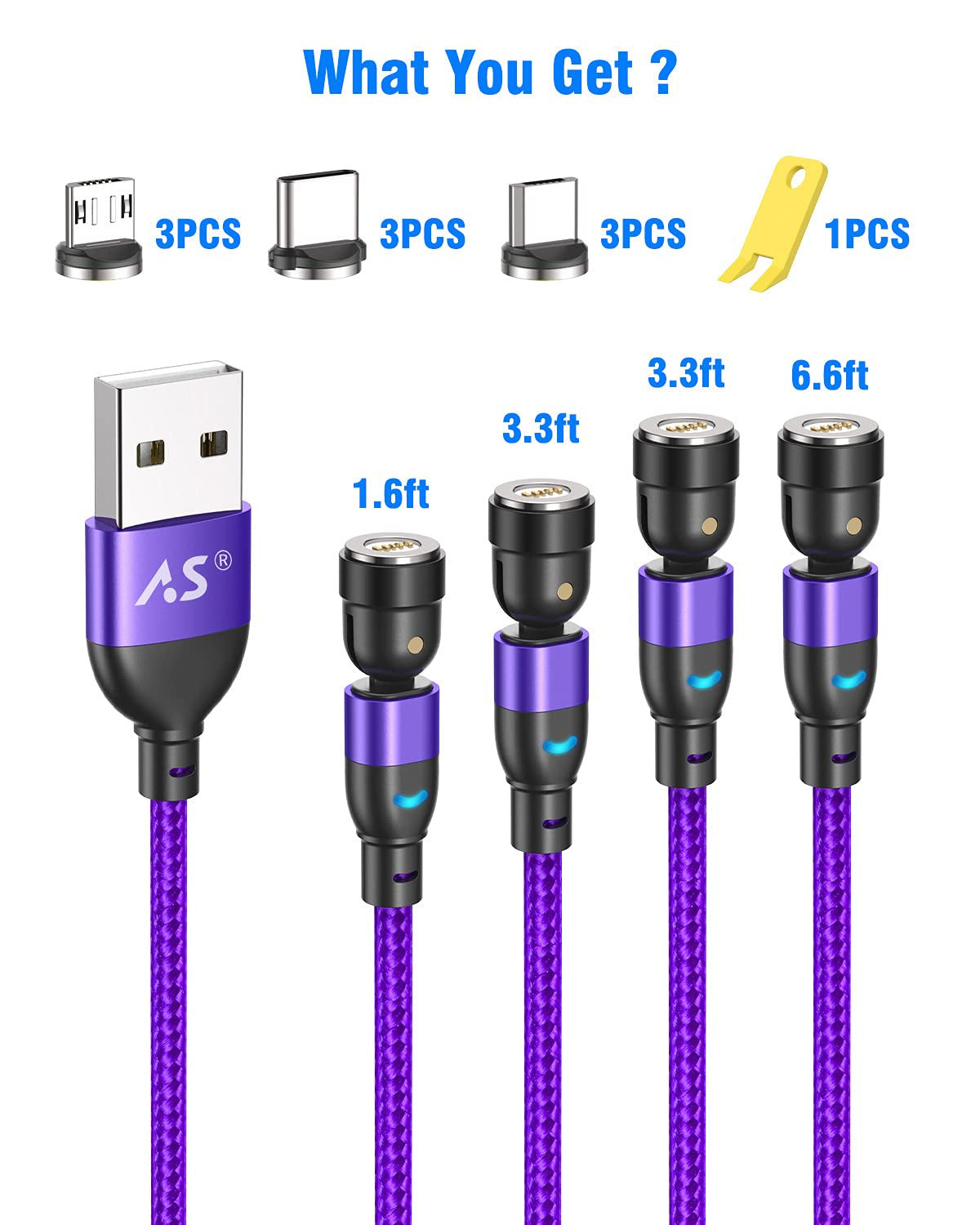 Fast Charging Magnetic USB C Cable (Purple, 1.6Ft+3.3Ft+3.3Ft+6.6Ft), Type C Magnetic Charger for Micro USB and Type C Smartphone