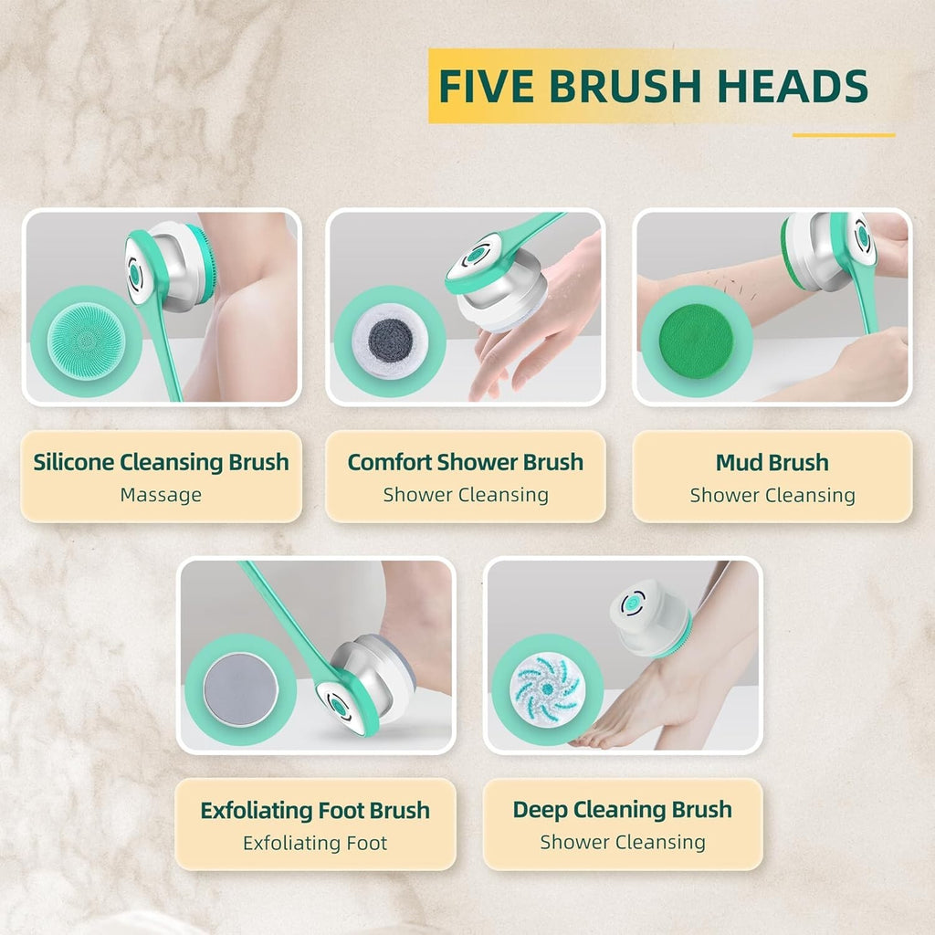 Electric Back Scrubber with Five Body Brush Head, Rechargeable (SAND FRIENDLY)