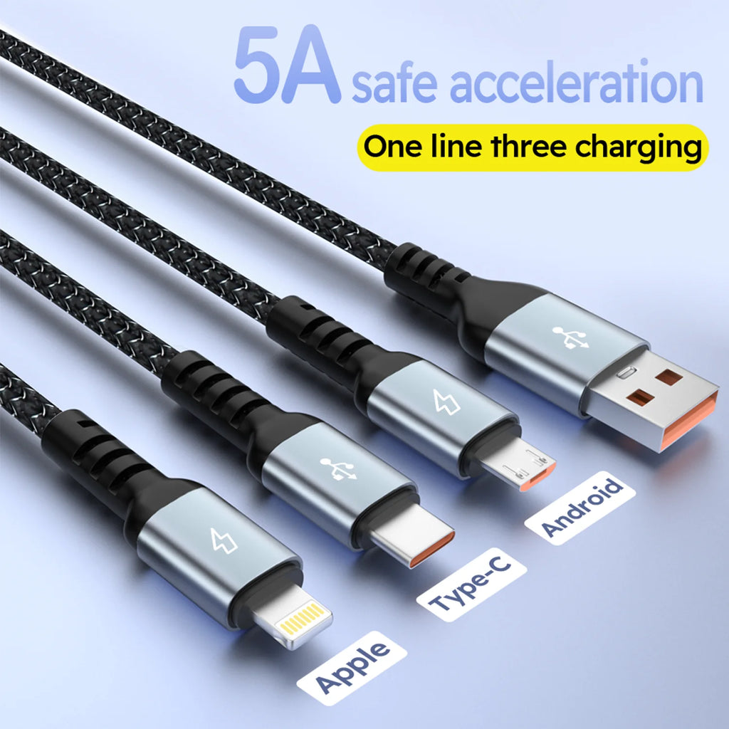 4FT 100W 3-In-1 USB Charger Cord Phone Charging Cable Fast Charging Data Cable 2PCS Black