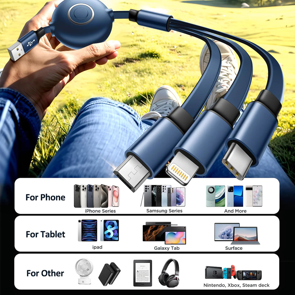 Multi Charging Cable,  2Pack 3 in 1 Charging Cable, 3A Fast Retractable Phone Charger, 4FT Multiple Cable Compatible with Iphone, Samsung