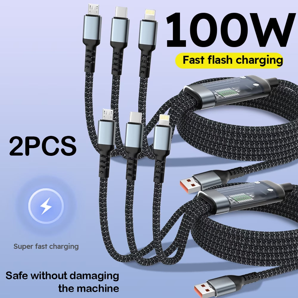 4FT 100W 3-In-1 USB Charger Cord Phone Charging Cable Fast Charging Data Cable 2PCS Black