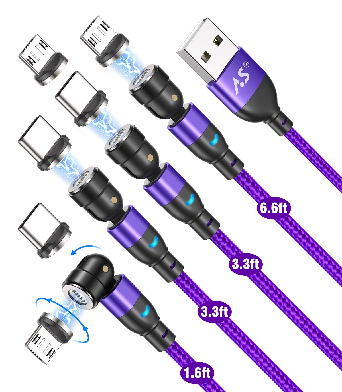 Fast Charging Magnetic USB C Cable (Purple, 1.6Ft+3.3Ft+3.3Ft+6.6Ft), Type C Magnetic Charger for Micro USB and Type C Smartphone