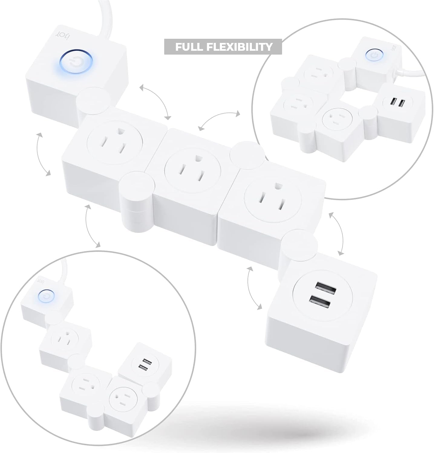 Flexible Power Strip - 3 AC Outlets and 2 USB Charging Ports with 5 Ft Extension Cord, Power Strip Surge Protector White, Decorative Surge Protector Outlet Extender for Home, Office, and More