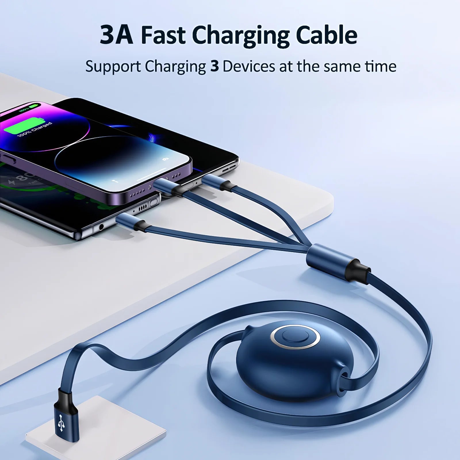 Multi Charging Cable,  2Pack 3 in 1 Charging Cable, 3A Fast Retractable Phone Charger, 4FT Multiple Cable Compatible with Iphone, Samsung